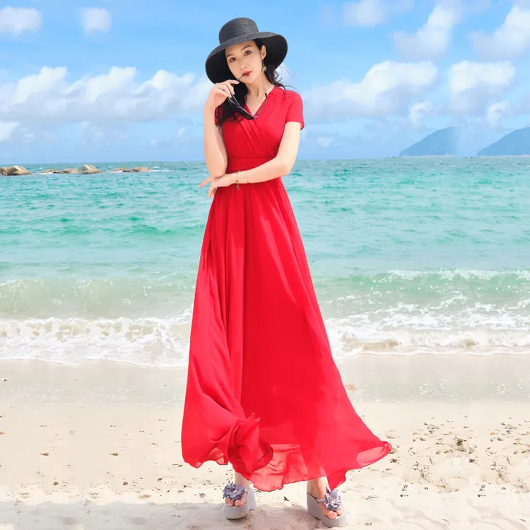 香衣丽华长款V领大摆雪纺连衣裙修身显瘦波西米亚度假沙滩裙