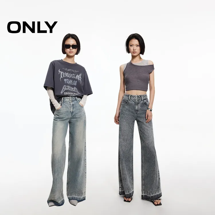 ONLY秋季个性毛边设计高腰直筒裤长裤牛仔裤女|125132053