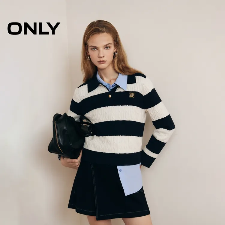 ONLY春秋学院风“含绵羊毛”POLO领长袖针织衫女松弛感|124313028