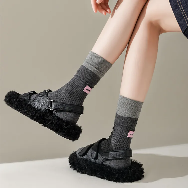 春秋纯棉日系双罗口拼色袜子女中筒袜粉色布标休闲外穿运动堆堆袜