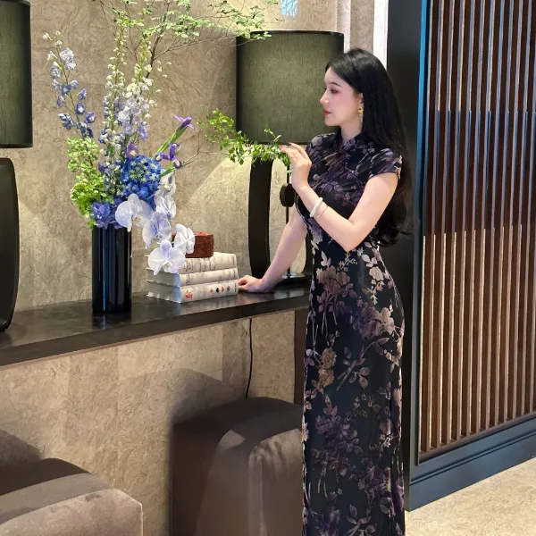 YUN《紫苑》高端修身网红显瘦中国风气质改良长袖连衣裙开叉连衣裙