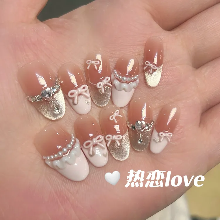 【热恋】纯手工捏捏蝴蝶结甜美校园定制款K9钻美甲穿戴甲日常通勤