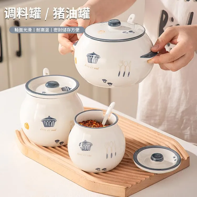 陶瓷猪油罐家用带盖耐高温红油油泼辣子罐专用厨房调味罐勺盖一体