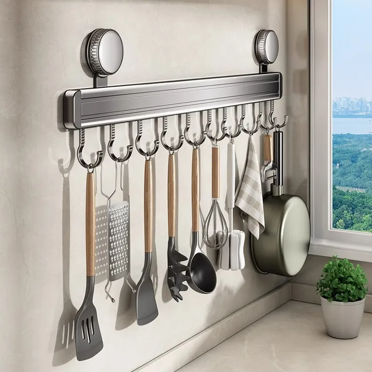 吸盘挂钩厨房免打孔强力承重多功能勺子铲子挂架一排式无痕挂勾架