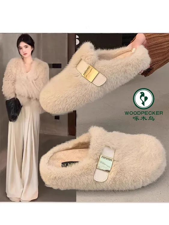 啄木鸟厚底增高毛毛拖鞋女外穿2024新款秋冬高级感毛绒包头棉拖鞋