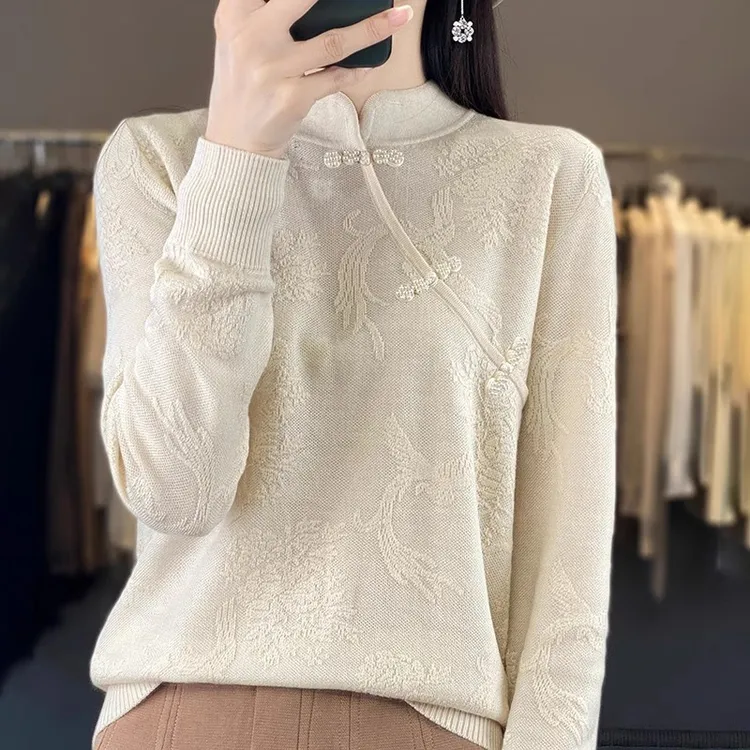 新中式盘扣重工提花设计感小众端庄知性气质立领针织衫内搭打底衫