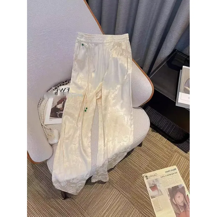 黑色国风印花直筒裤女春夏高腰垂感休闲裤盘扣缎面阔腿裤子男生