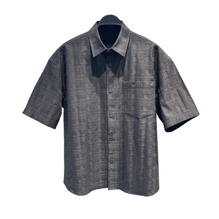 艾塞西隆比男士夏季短袖衬衫美式休闲黑色抗皱提花时尚衬衣外套男