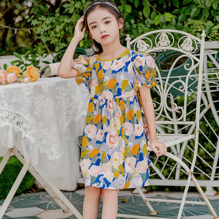 女童连衣裙2023夏季新款儿童洋气公主裙宝宝泡泡袖纯棉短袖中大童