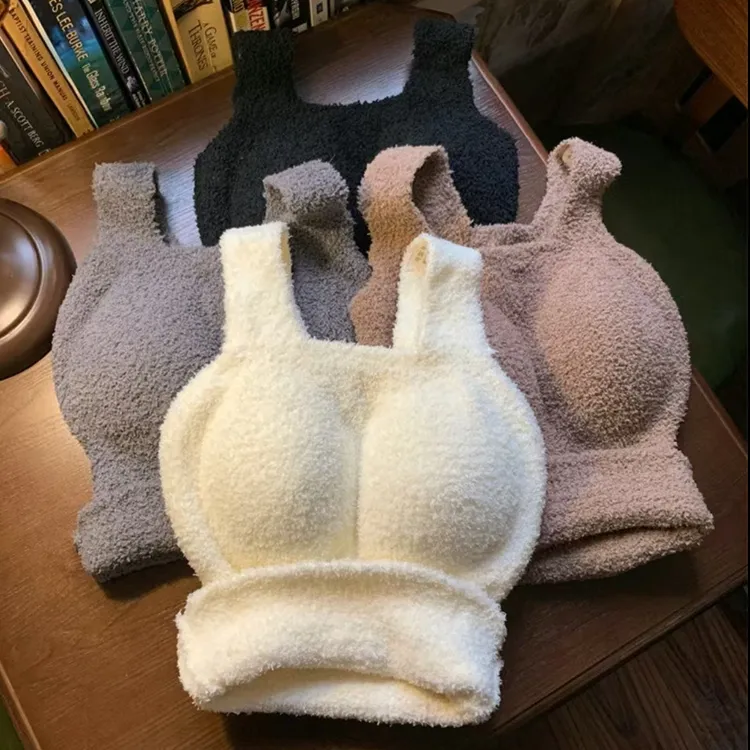 网红百搭羊羔绒保暖背心女士韩版加绒一体式带胸垫内搭外穿内衣女