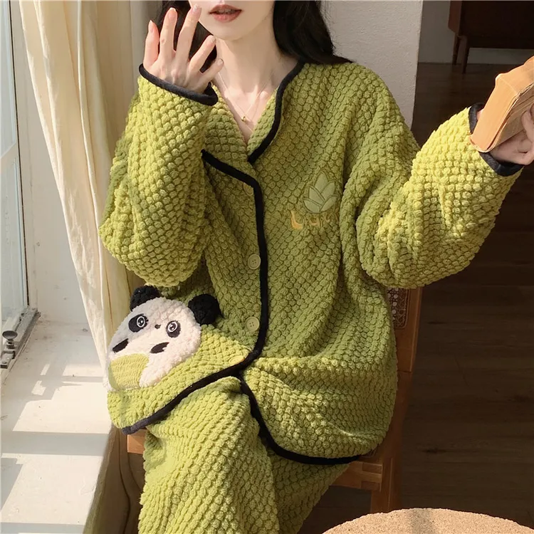 珊瑚绒睡衣女秋冬季加厚加绒长袖可外穿法兰绒女士冬款家居服套装