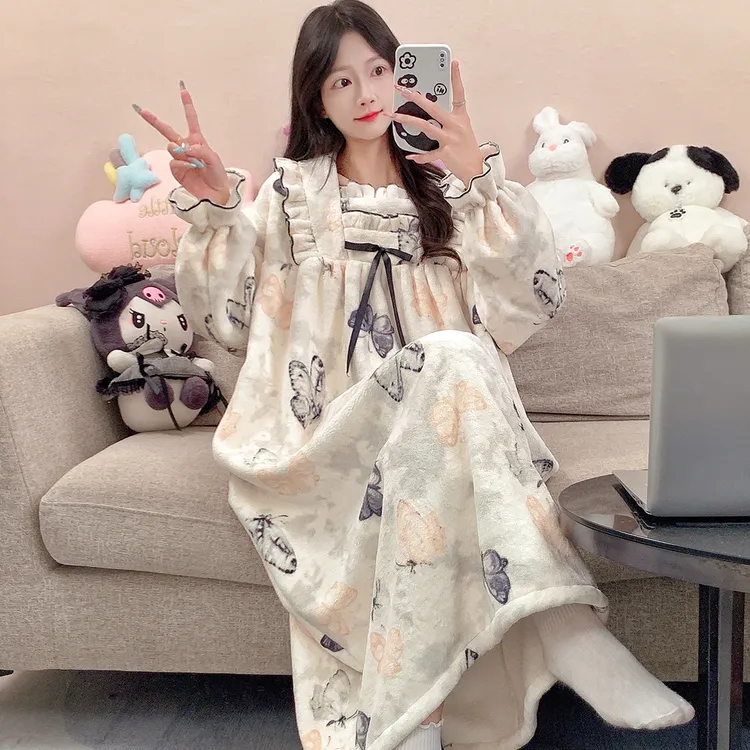 珊瑚绒睡裙女秋冬季法兰绒睡衣加绒加厚韩版甜美公主风冬天家居服