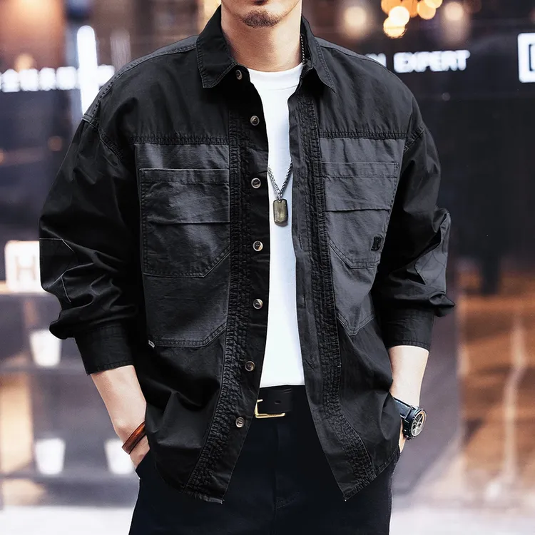 2024春夏潮流拼接工装长袖衬衫男士宽松多口袋痞帅休闲衬衣