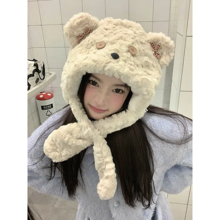 卡通小熊毛绒帽秋冬学生骑行加厚防风护耳保暖雷锋帽帽子女秋冬