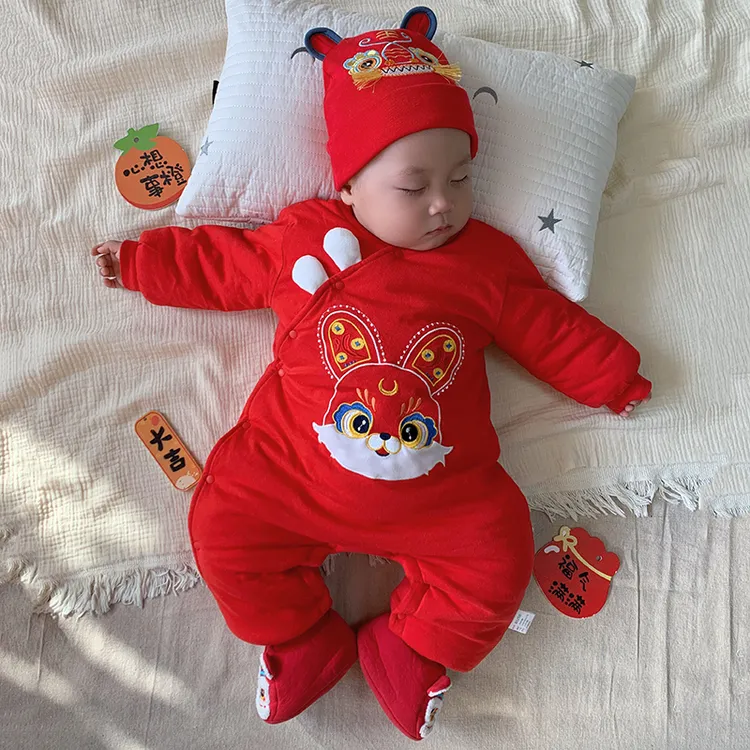 0婴儿拜年服冬装纯棉连体衣宝宝周岁礼服红色新年装满月百天衣服