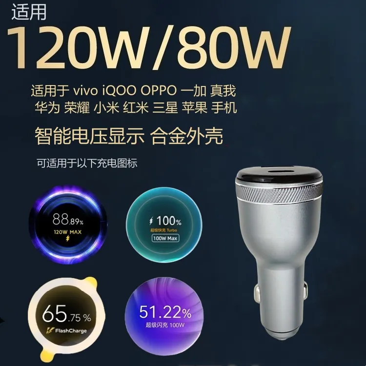 全兼容120W超级快充车载充电器适用小米vivoiQOO100WOPPO华为荣耀