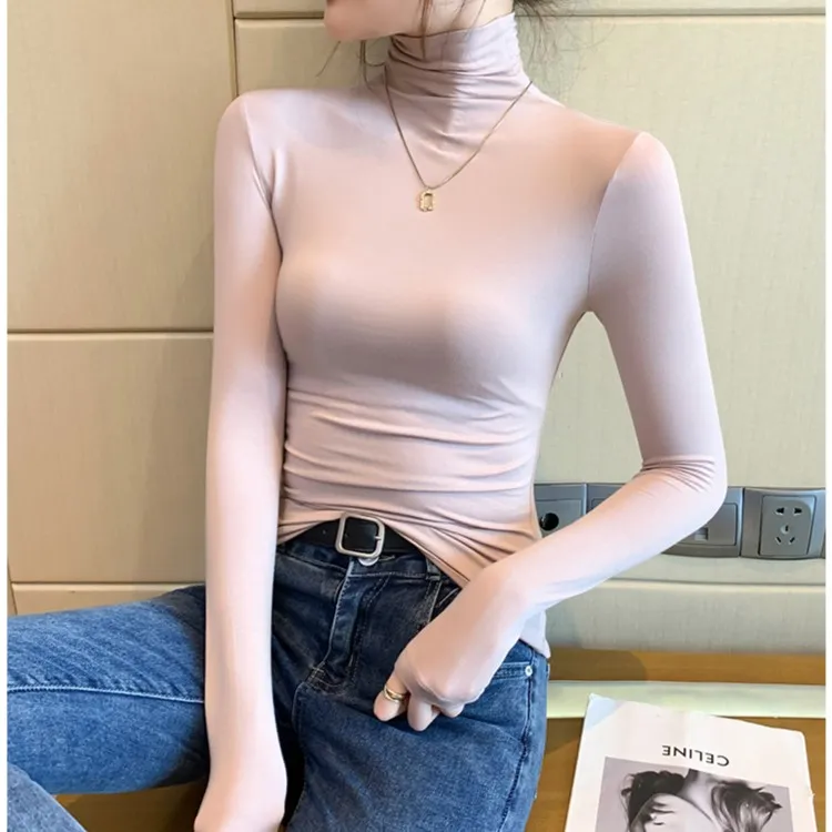 莫代尔高领打底衫女春秋冬洋气内搭2023新款堆领薄绒纯色显瘦上衣