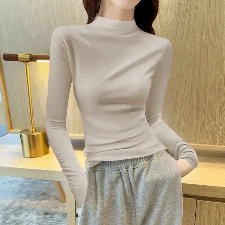 莫代尔打底衫女内搭长袖2024年秋冬洋气半高领卡其色紧身薄款上衣