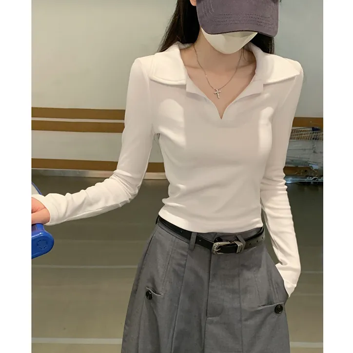 长袖t恤女修身春秋冬白色内搭打底衫早秋chi短款正肩polo领上衣潮