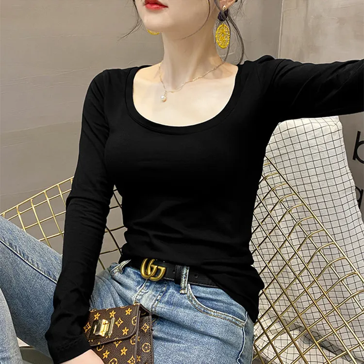 黑色打底衫女长袖圆领t恤春秋冬2023百搭内搭紧身显瘦上衣早秋潮