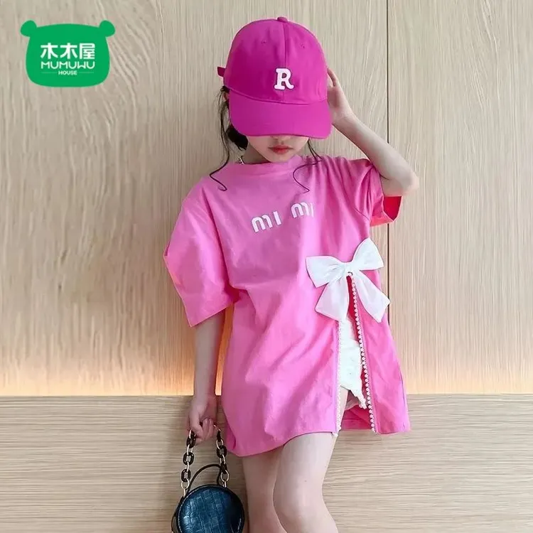 女童t恤短袖夏季新款小女孩蝴蝶结上衣时尚甜美开叉儿童棉t夏款潮