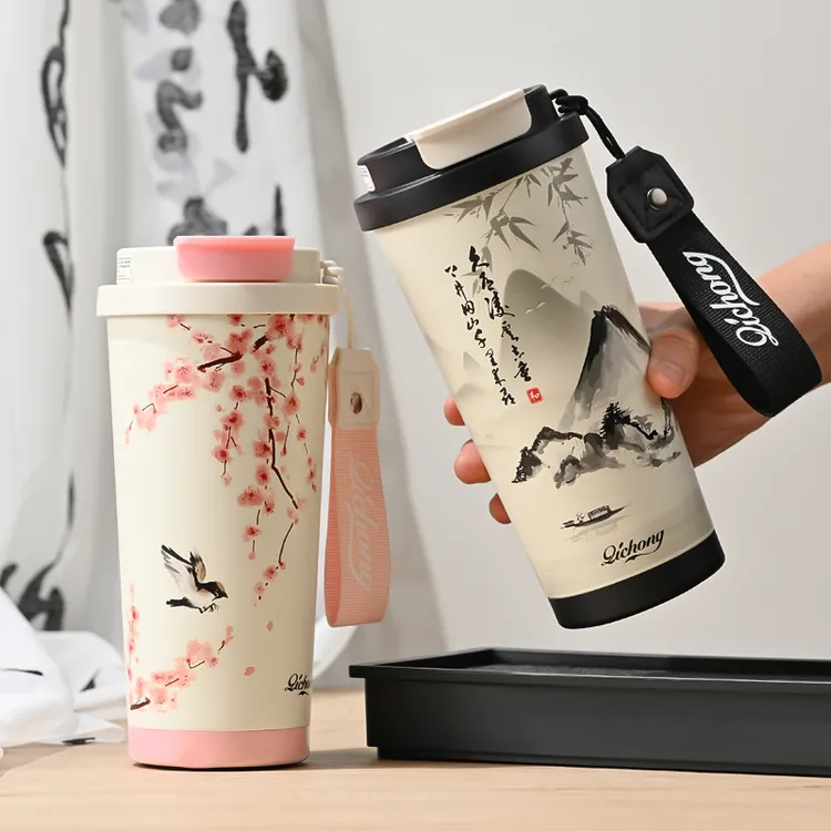 国潮水墨画双饮咖啡杯316不锈钢内胆陶瓷保温杯便携商务礼品杯子