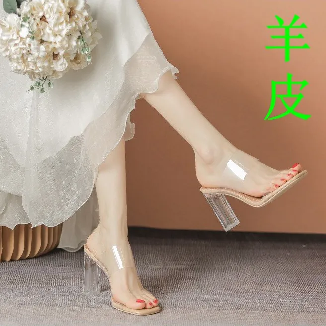 【羊皮】水晶夏季跟鞋高跟鞋凉拖鞋粗跟透气显凉拖鞋百搭时尚