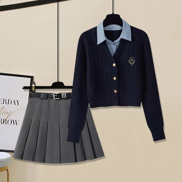 秋冬学院风搭配一整套质感拼接假两件针织衫西装百褶半身裙两件套