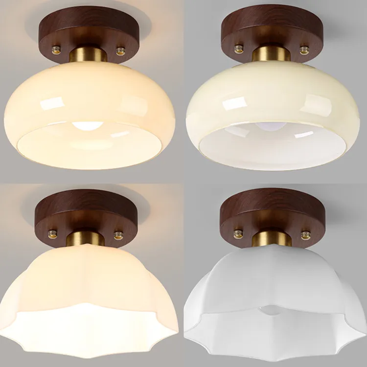 楼道走廊灯过道灯轻奢玻璃胡桃木中式吸顶灯复古侘寂风玄关阳台灯