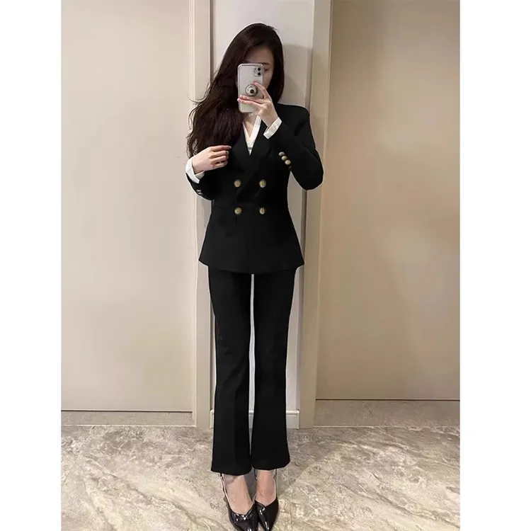 黑色西装外套女正装春秋新款修身高级感面试职业西服套装微喇叭裤