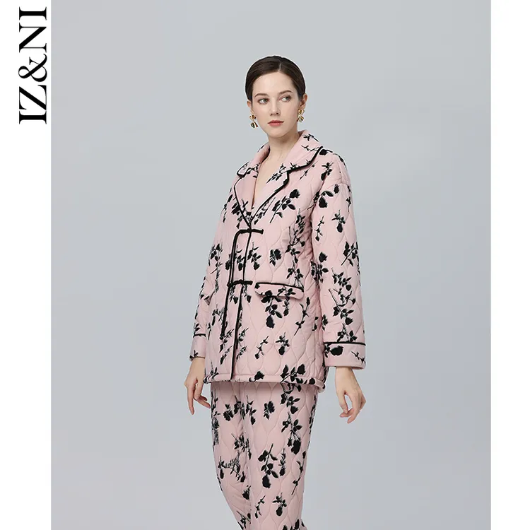IIZZINI 2024睡衣女冬长袖夹棉加绒国潮盘扣蔷薇花奢华可外穿套装