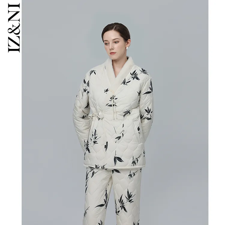 IIZZINI 2024睡衣女冬长袖夹棉加厚绒奢华盘扣国潮印花高级感套装