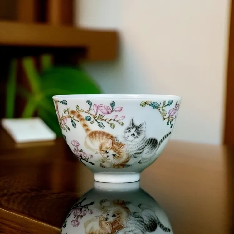 灵玺贡坊出品，精工粉彩陶瓷珐琅彩缠枝小猫咪主人杯茶杯茶具手柄