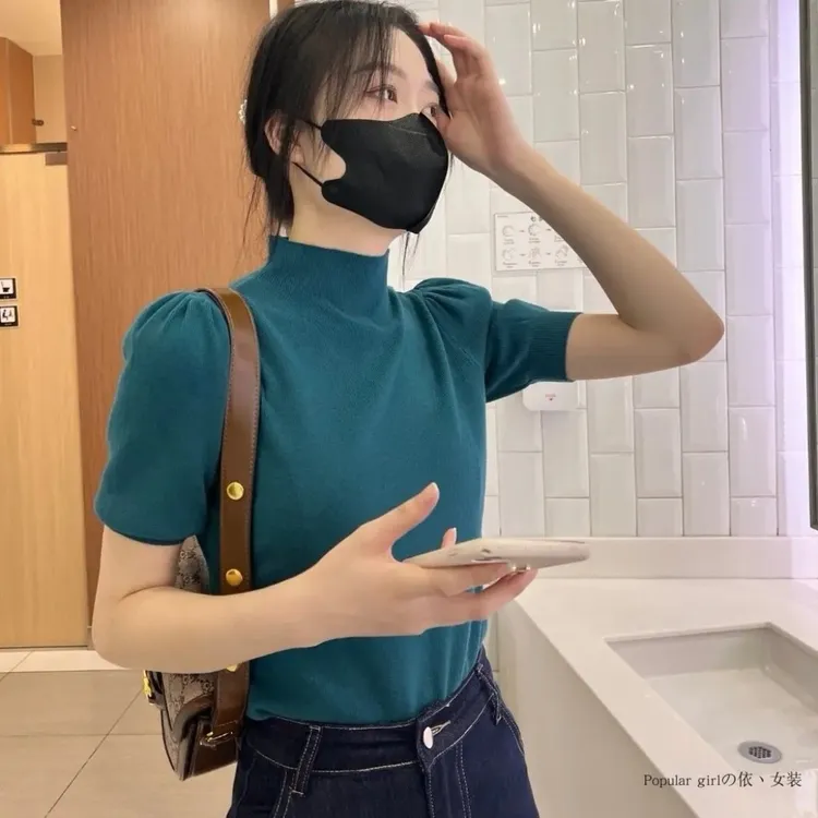 2024春夏冰丝时尚百搭纯色短袖上衣修身显瘦显气质半高领针织衫女