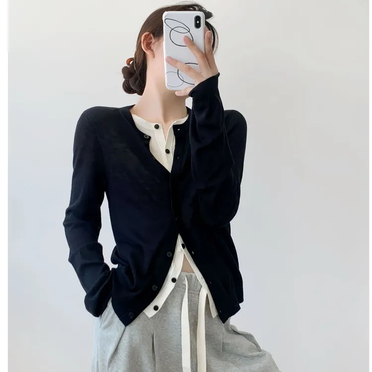 黑白撞色假两件针织开衫女秋季修身显瘦长袖圆领羊毛打底衫上衣薄