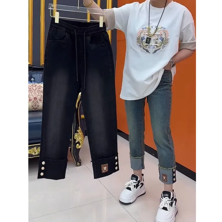 新款时尚大码宽松牛仔裤女小个子梨型身材高腰显瘦九分直筒烟管裤