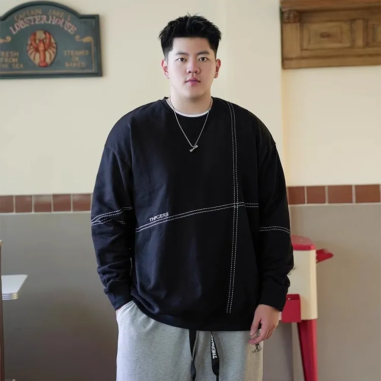 RZ潮牌大码秋季新款明线装饰圆领卫衣男胖子加肥加大宽松套头上衣