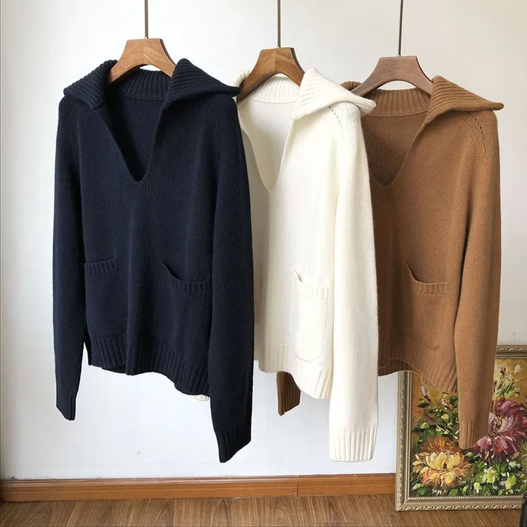 秋冬新款慵懒风V领细羊毛套头毛衣女长袖加厚外穿上衣100纯羊毛衫