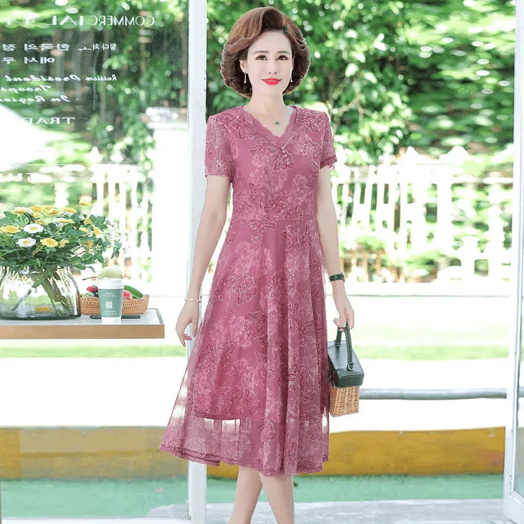 中老年女装短袖连衣裙2024夏季新款妈妈夏装洋气裙子蕾丝大码显瘦