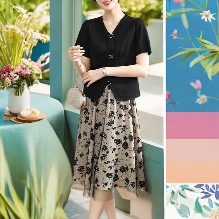 夏季妈妈装夏装套装连衣裙短袖上衣中老年女小衫时尚半身裙衣服