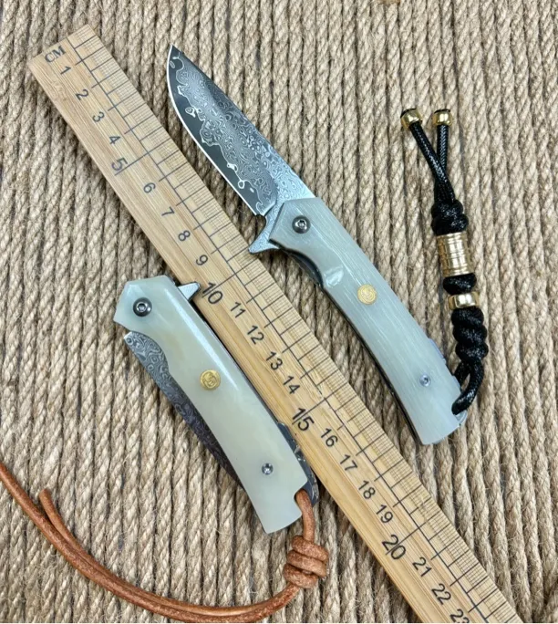 简师傅小坦克大马士革钢收藏刀折叠牛排刀露营户外手工刀家用削皮