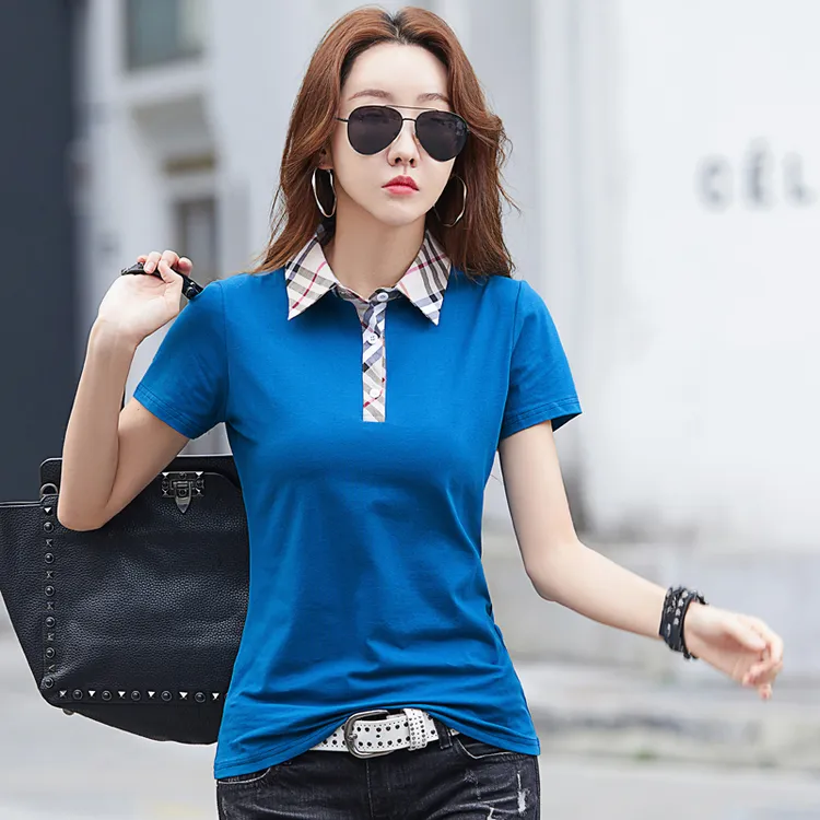 夏季新款短袖t恤女减龄格子翻领上衣妈妈时尚洋气半袖体桖Polo衫