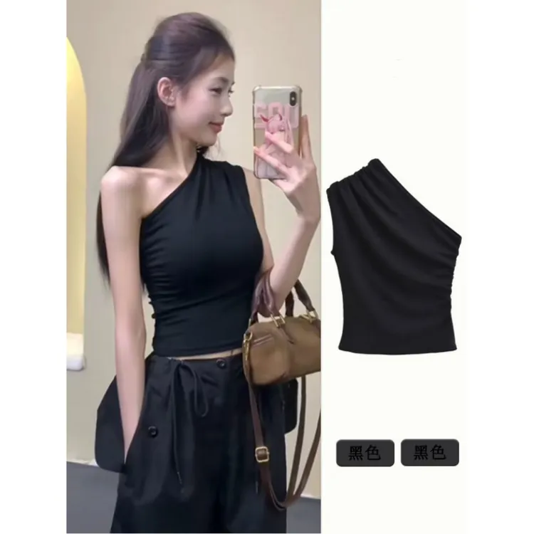 黑色无袖斜肩背心t恤女夏季外穿性感设计感修身显瘦短款辣妹上衣
