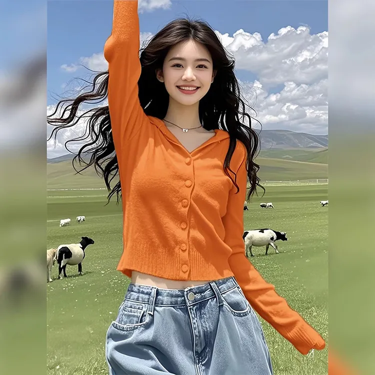 高级感超好看橘色连帽针织开衫女春秋短款洋气别致内搭打底衫上衣