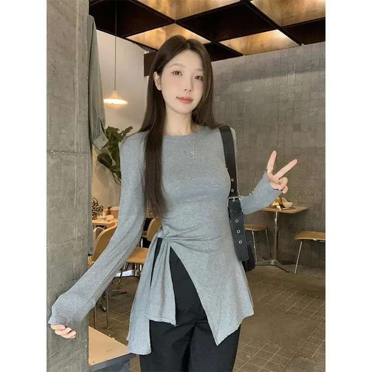 法式设计感不规则绑带圆领长袖T恤女早秋季新款修身显瘦开叉上衣