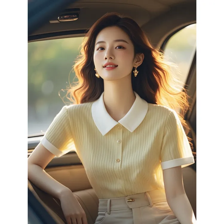 气质设计感黄色正肩针织polo衫夏季减龄冰丝上衣休闲百搭短袖t恤