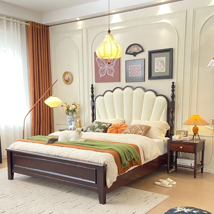 美式中古风实木双人床婚床花瓣莱亚床公主床罗马柱雕花主卧室大床