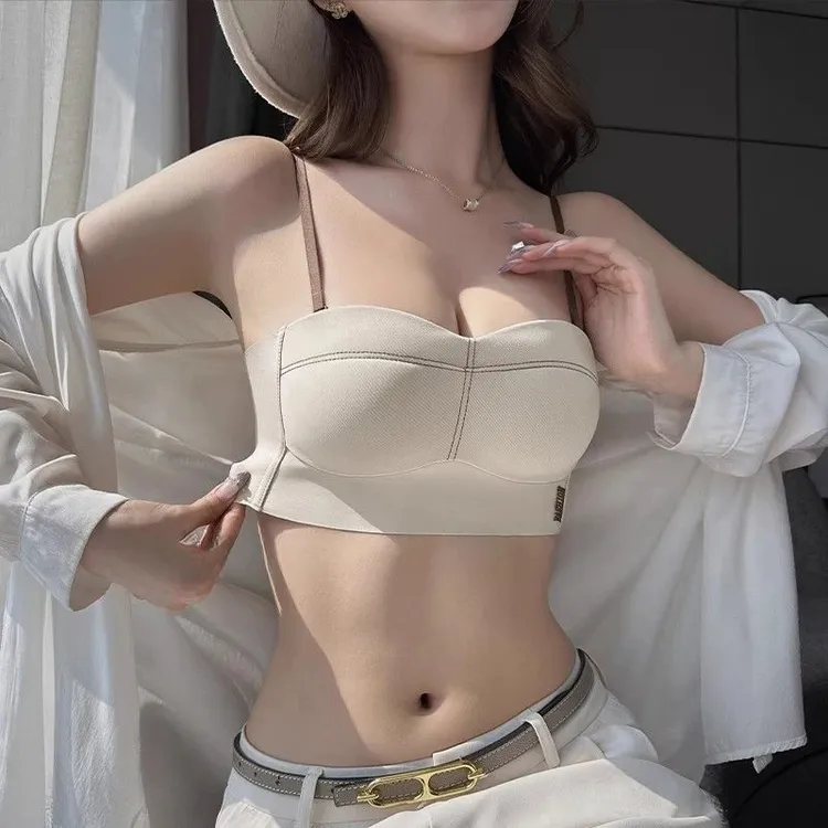 无痕抹胸时尚交叉美背一体固定小胸不空杯收副乳 聚拢显大文胸罩