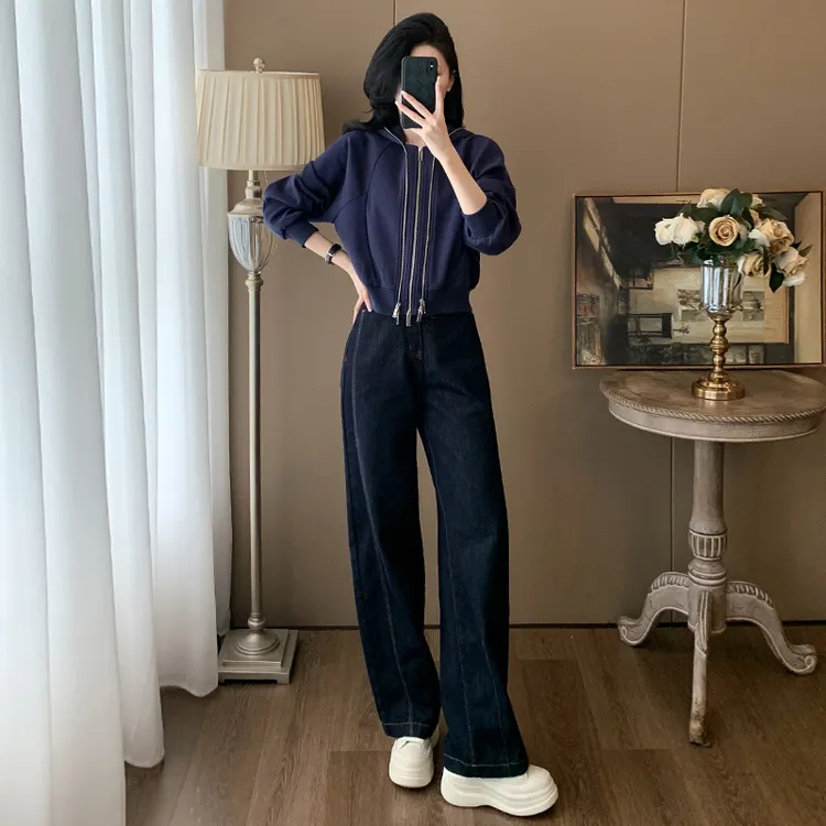 套装女秋冬2024新款休闲连帽卫衣拉链小个子气质显瘦高腰牛仔长裤