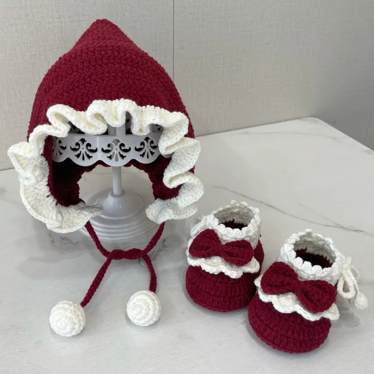 花边婴儿鞋帽套装手工DIY编织孕期钩针毛线鞋牛奶棉线材料包自制